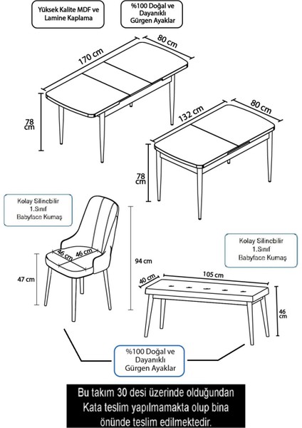 Concept Noa Serisi, 80X132 Açılabilir Mdf Masa, Beyaz Masa Ceviz Ayak Masa Takımı, 4 Sandalye 1 Bench