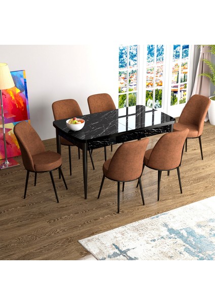 Concept Han Serisi 70X114, Açılabilir Mdf Mutfak Masa Takımı, Siyah Mermer Desen Masa ve 6 Sandalye