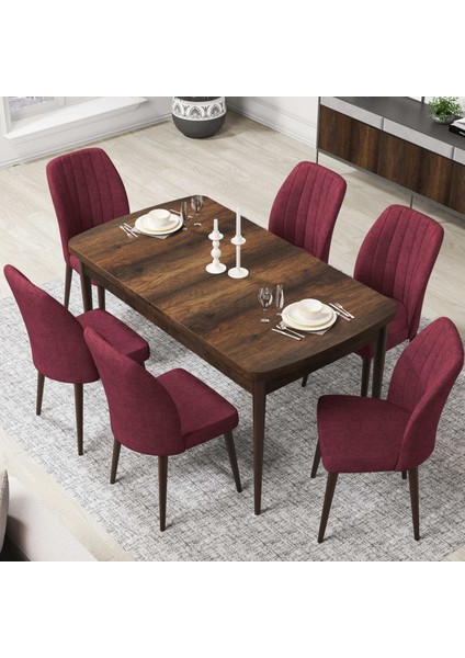 Concept Par Serisi 70X114, Açılabilir Mdf Mutfak Masa Takımı, Barok Ahşap Desen Masa ve 6 Sandalye