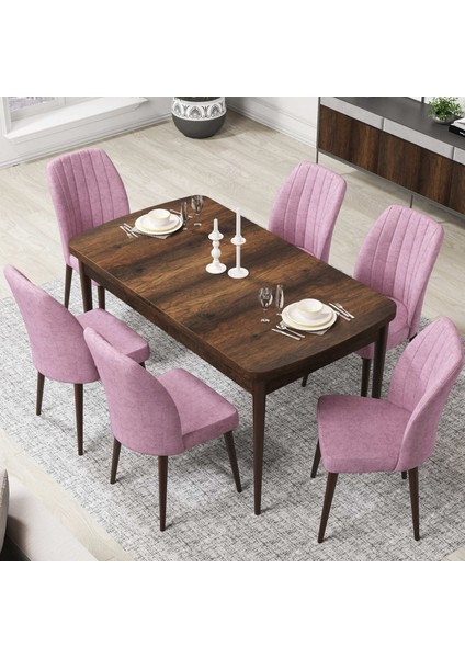 Concept Par Serisi 70X114, Açılabilir Mdf Mutfak Masa Takımı, Barok Ahşap Desen Masa ve 6 Sandalye