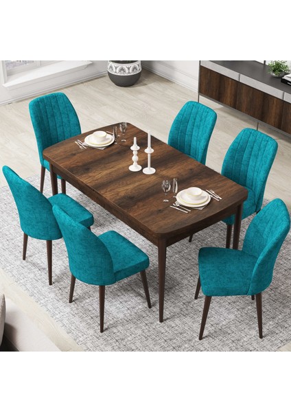Concept Par Serisi 70X114, Açılabilir Mdf Mutfak Masa Takımı, Barok Ahşap Desen Masa ve 6 Sandalye