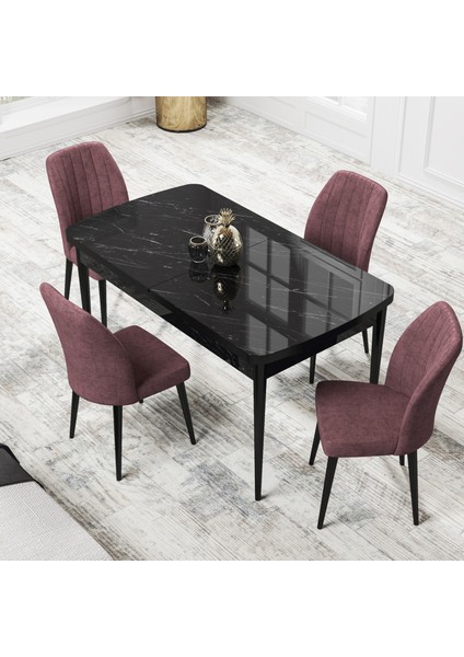 Concept Par Serisi 70X114, Açılabilir Mdf Mutfak Masa Takımı, Siyah Mermer Desen Masa ve 4 Sandalye