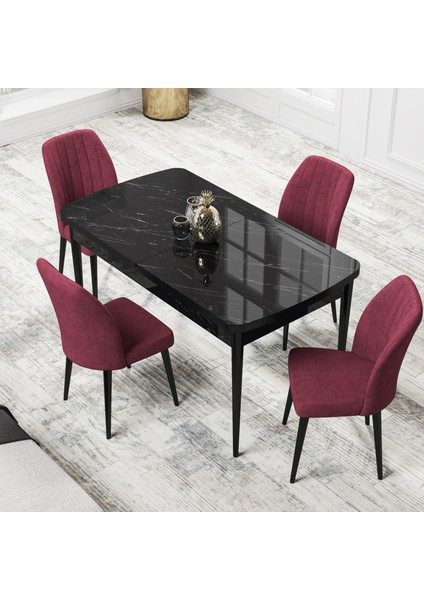 Concept Par Serisi 70X114, Açılabilir Mdf Mutfak Masa Takımı, Siyah Mermer Desen Masa ve 4 Sandalye