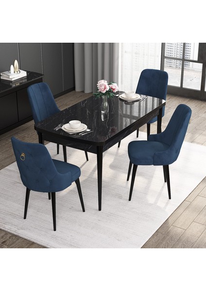 Concept Noa Serisi, 80X132 Açılabilir Mdf Siyah Mermer Desen Mutfak Masası Takımı, 4 Sandalye