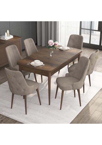 Concept Noa Serisi, 80X132 Açılabilir Mdf Masa, Barok Ahşap Desenli Mutfak Masa Takımı, 6 Sandalye