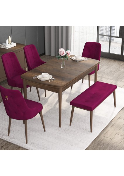 Concept Noa Serisi, 80X132 Açılabilir Benchli Barok Ahşap Desen Mutfak Masa Takımı, 4 Sandalye 1 Bench