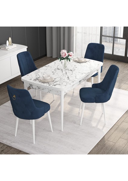 Concept Noa Serisi, 80X132 Açılabilir Mdf Masa, Beyaz Mermer Desen Mutfak Masa Takımı, 4 Sandalye