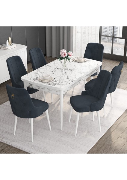 Concept Noa Serisi, 80X132 Açılabilir Mdf Masa, Beyaz Mermer Desen Mutfak Masa Takımı, 6 Sandalye