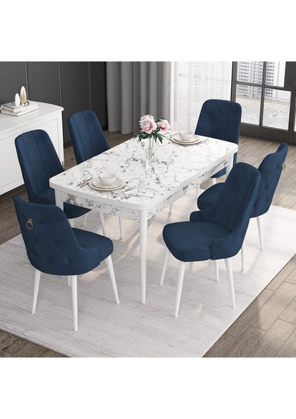 Concept Noa Serisi, 80X132 Açılabilir Mdf Masa, Beyaz Mermer Desen Mutfak Masa Takımı, 6 Sandalye