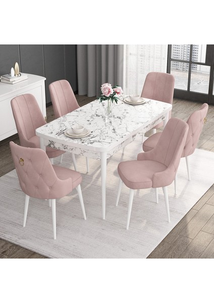 Concept Noa Serisi, 80X132 Açılabilir Mdf Masa, Beyaz Mermer Desen Mutfak Masa Takımı, 6 Sandalye
