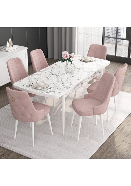 Concept Noa Serisi, 80X132 Açılabilir Mdf Masa, Beyaz Mermer Desen Mutfak Masa Takımı, 6 Sandalye fiyatları