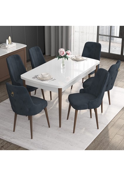 Concept Noa Serisi, 80X132 Açılabilir Mdf Masa, Beyaz Masa Ceviz Ayak Masa Takımı, 6 Sandalye