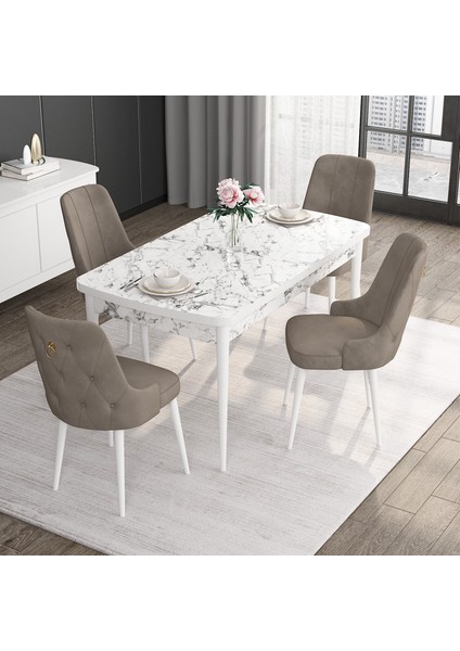Concept Noa Serisi, 80X132 Açılabilir Mdf Masa, Beyaz Mermer Desen Mutfak Masa Takımı, 4 Sandalye