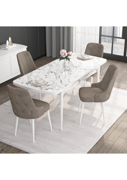 Concept Noa Serisi, 80X132 Açılabilir Mdf Masa, Beyaz Mermer Desen Mutfak Masa Takımı, 4 Sandalye