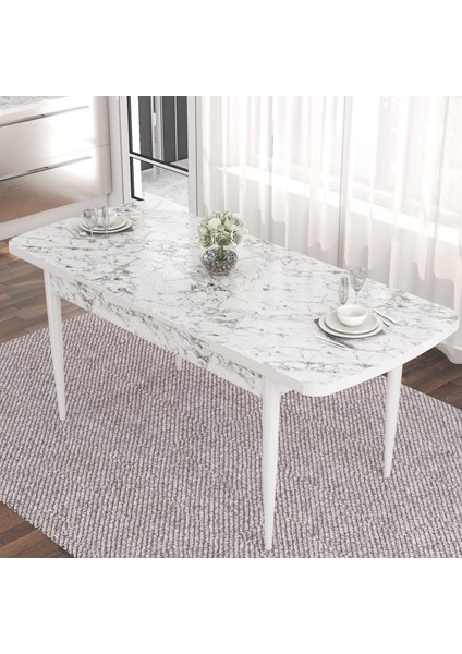 Concept Noa Serisi, 80X132 Açılabilir Mdf Masa, Beyaz Mermer Desen Mutfak Masa Takımı, 4 Sandalye