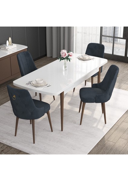 Concept Noa Serisi, 80X132 Açılabilir Mdf Masa, Beyaz Masa Ceviz Ayak Masa Takımı, 4 Sandalye