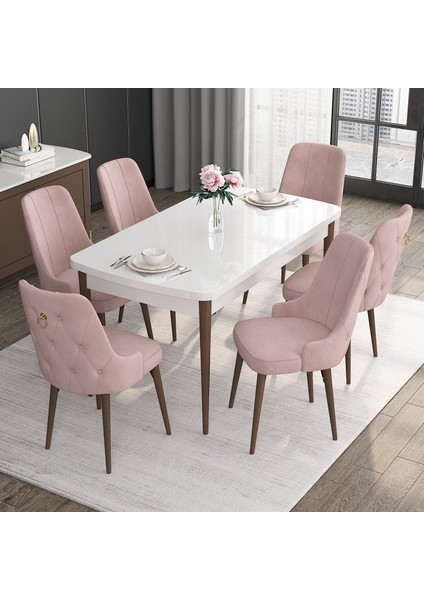 Concept Noa Serisi, 80X132 Açılabilir Mdf Masa, Beyaz Masa Ceviz Ayak Masa Takımı, 6 Sandalye