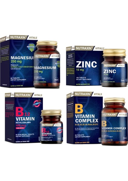 Magnezyum 60 Tablet+B12 Vitamini 60 Dilaltı T.+B Vitaminini 60 Tablet+Çinko 15mg 100 Tablet