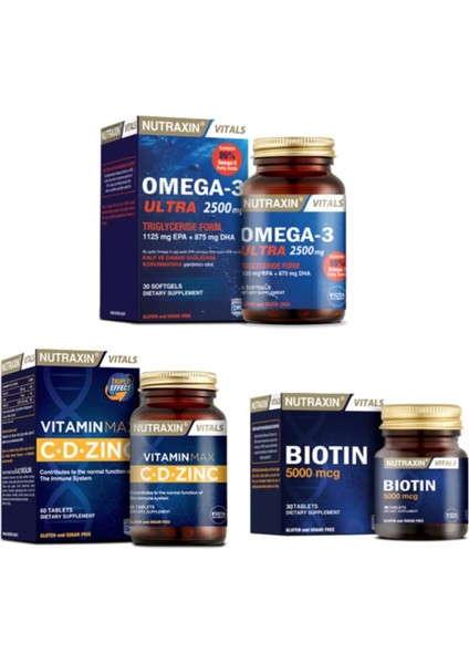 Omega 3 Ultra 2500 Mg 30 Kapsül + Vitamin Max (C,d,zinc) 60 Tablet + Biotin 5000 Mcg 30 Tablet