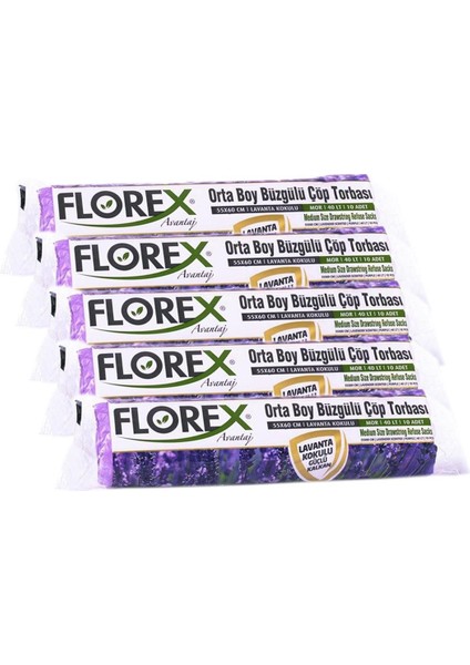 Büzgülü Lavanta Kokulu Orta Boy Çöp Torbası 5 Adet Mor 55 x 60 cm