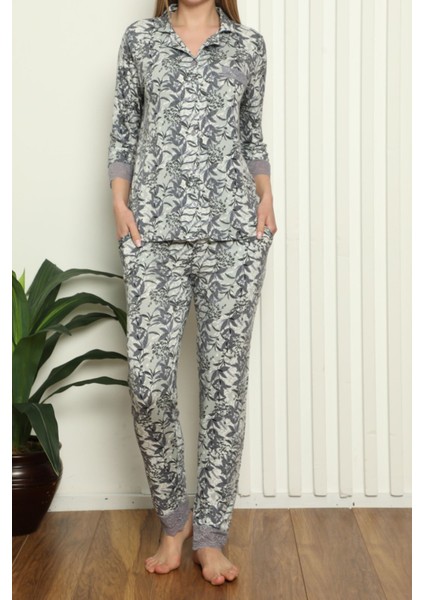 Yeşil Kadın Pijama Takımı Cepli Düğmeli Likralı Dantelli