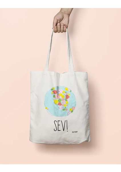 Sev Çiçekli Dünya Küre Bez Çanta