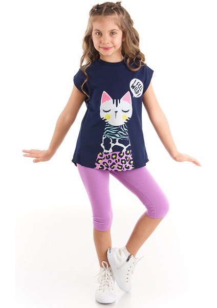 Orman Kedisi Kız Çocuk T-shirt Lila Tayt Takım