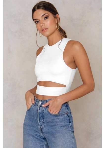 Kadın Göbek Dekolteli Kolsuz Crop Bluz