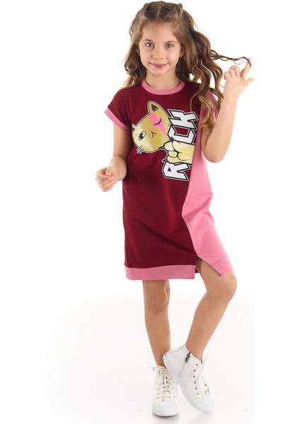 Rock Kedi Pamuklu Kız Çocuk Pembe Elbise