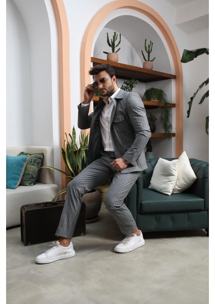 Beyaz Çizgili Gri Spor Takım Elbise fiyatları