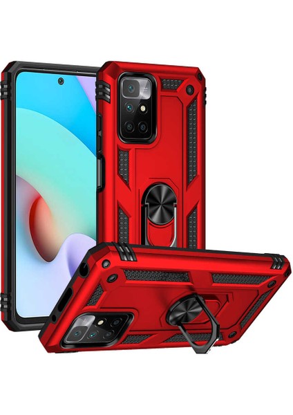 Xiaomi Redmi 10 2022 Kılıf Vega Tank Standlı Yüzüklü Mıknatıslı Kırmızı