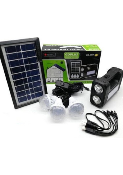 GD-8017T Solar Panelli 3 Ampullü Set Akülü Solar Işıldak Fener