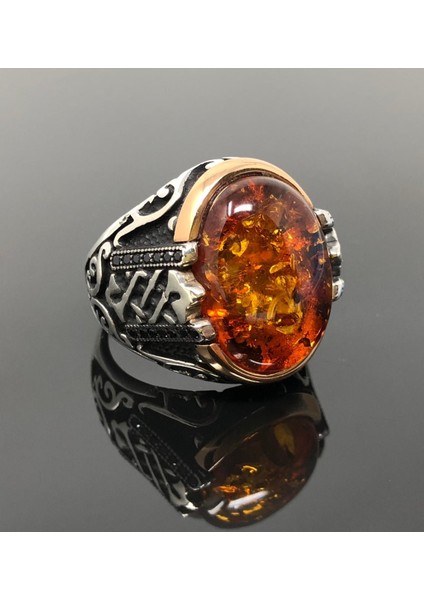 Zirkon Taş Detaylı Sıkma Kehribar Taşlı 925 Ayar Gümüş Erkek Yüzük