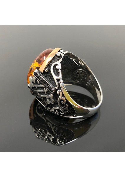 Zirkon Taş Detaylı Sıkma Kehribar Taşlı 925 Ayar Gümüş Erkek Yüzük fiyatları