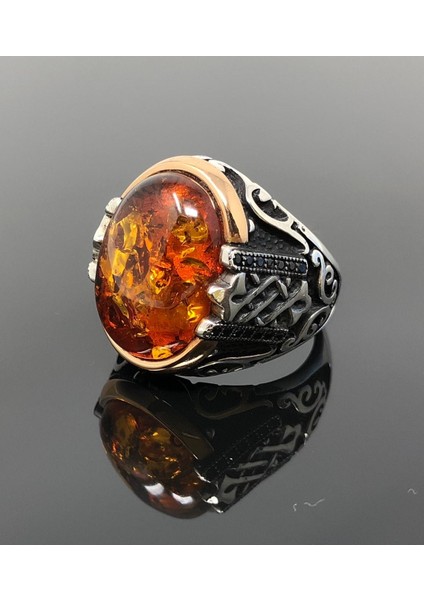 Zirkon Taş Detaylı Sıkma Kehribar Taşlı 925 Ayar Gümüş Erkek Yüzük modelleri