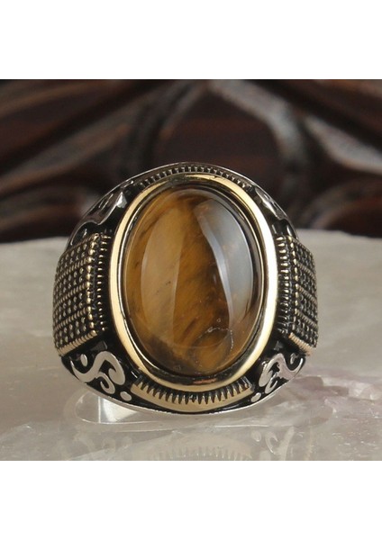 Oval Kaplangözü Taşlı Zirkon Detaylı 925 Ayar Gümüş Erkek Yüzük modelleri