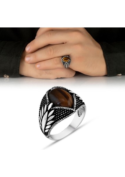 Kahverengi Kaplangözü Taşlı Serçe Parmak 925 Ayar Gümüş Erkek Yüzük