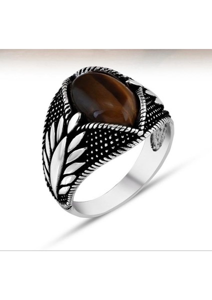 Kahverengi Kaplangözü Taşlı Serçe Parmak 925 Ayar Gümüş Erkek Yüzük fiyatları