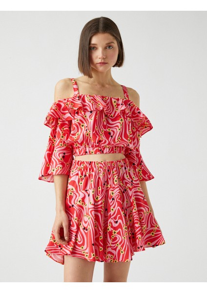 Desenli Crop Bluz Fırfırlı Omzu Açık