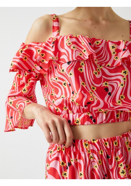 Desenli Crop Bluz Fırfırlı Omzu Açık