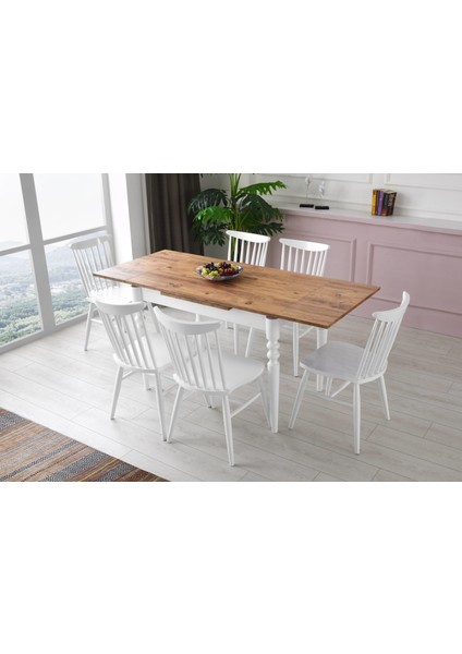 Cunda Yandan Açılır Mutfak Masa Takımı ve 6 Adet Sandalye 70X110CM