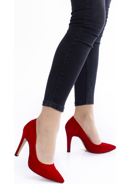 Kırmızı Süet Aynalı Stiletto Topuklu Kadın Klasik Ayakkabı 1501CNR