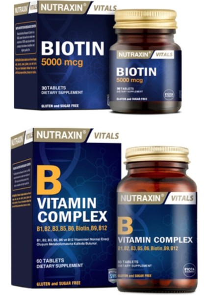 B1, B2, B3, B5, B6, B12 Içeren B Vitamin Complex 60 Tablet + Biotin 5000 Mcg 30 Tablet