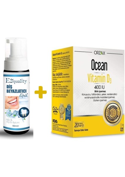 E2'Quality Diş Beyazlatıcı Köpük + Orzax Ocean Vitamin D3 400 Iu Sprey 20ml