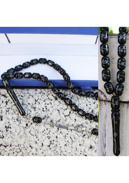 925 Ayar Gümüş Nokta Mavi Işleme Orijinal Oltu Taşı Tesbi