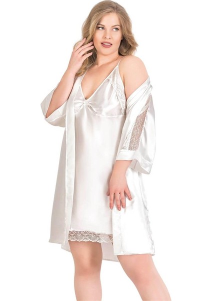 Büyük Beden Ekru Kısa Ikili Saten Sabahlık Gecelik Takımı
