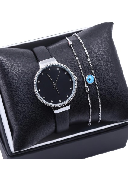 Kemer Kordon Gümüş Renk Kadın Kol Saati & Gümüş Renk Nazar Boncuğu Bileklik Hediye Seti