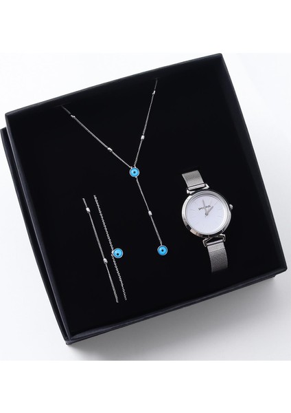 Özel Kutusunda Hasır Kordon Gümüş Renk Kadın Saat & Nazar Boncuklu Gümüş Renk Kolye & Bileklik Hediye Seti