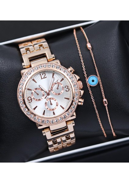Rose Renk Taşlı Kadın Kol Saati & Rose Renk Nazar Boncuğu Bileklik Hediye Seti