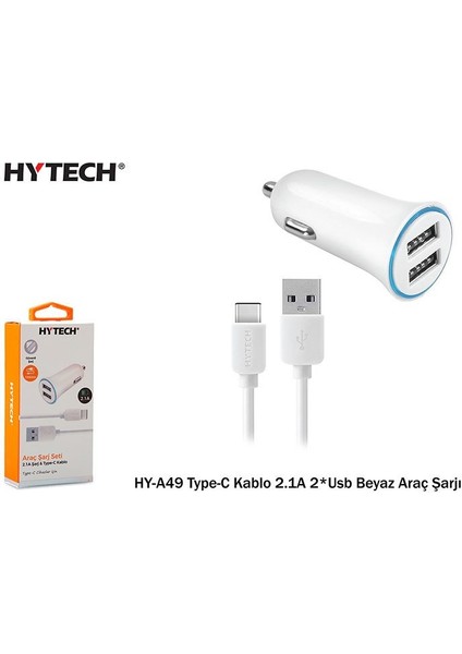 Hytech HY-A49 Type-C Kablo 2.1A 2-Usb Beyaz Araç